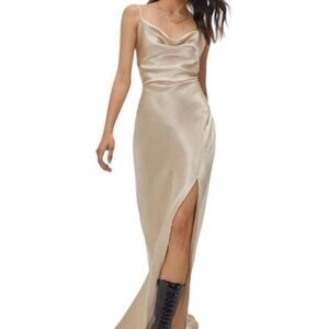 Nasty Gal Champagne Satin Cowl Neck Slit Thigh Criss Cross Back Slip Maxi